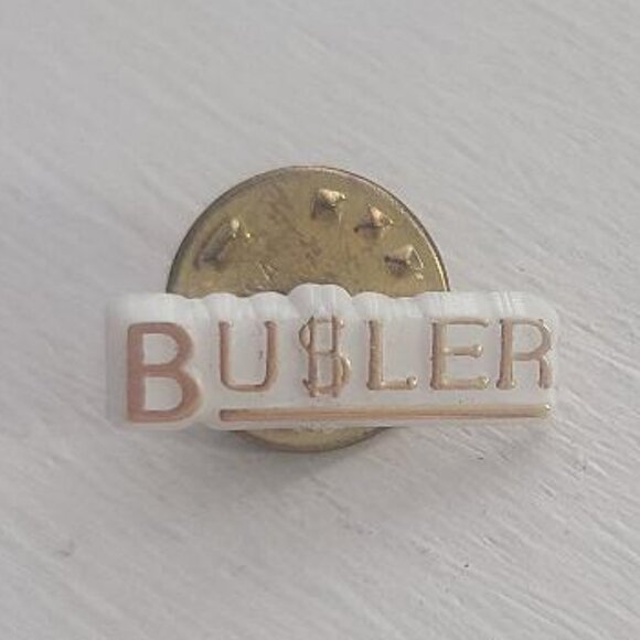 Busler Bu$ler Vintage White & Gold Lapel Pin - Small Money Dollar Sign Roller - Picture 1 of 4